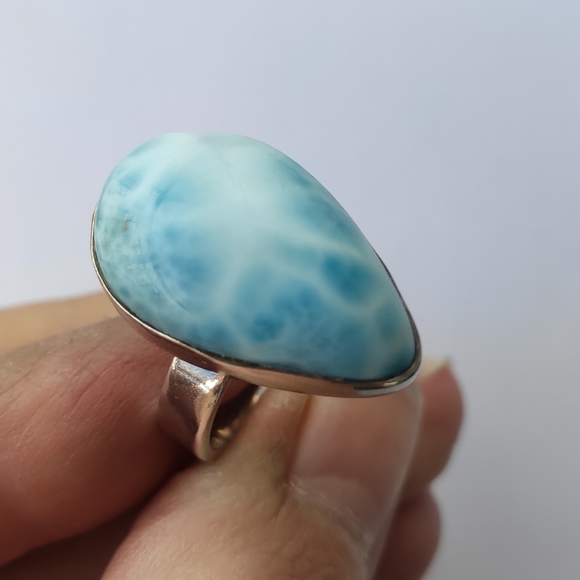 Solid Sterling Silver Pear Larimar Ring Sz 7.75 - Picture 5 of 14